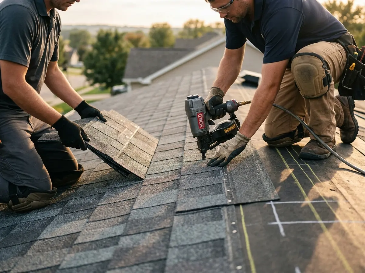 Professional roofer working on a residential roof in Piedmont